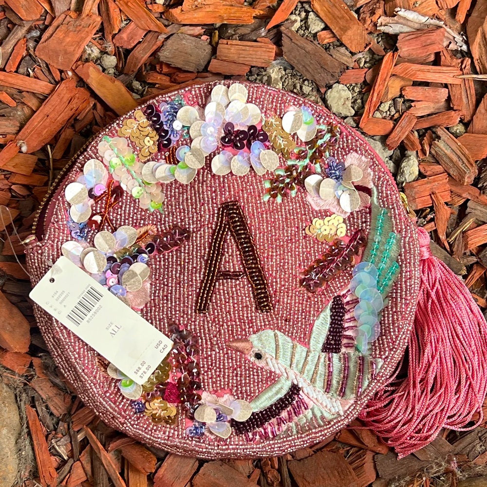 NWT Anthropologie Beaded Holiday Monogram "A" Embellished Bag no crossbody chain - Picture 2 of 6
